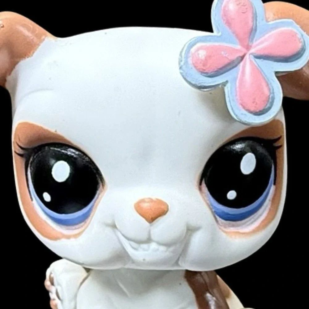 Littlest Pet Shop White Bulldog Dog Figure LPS #2106 w/Flower Brown Spots